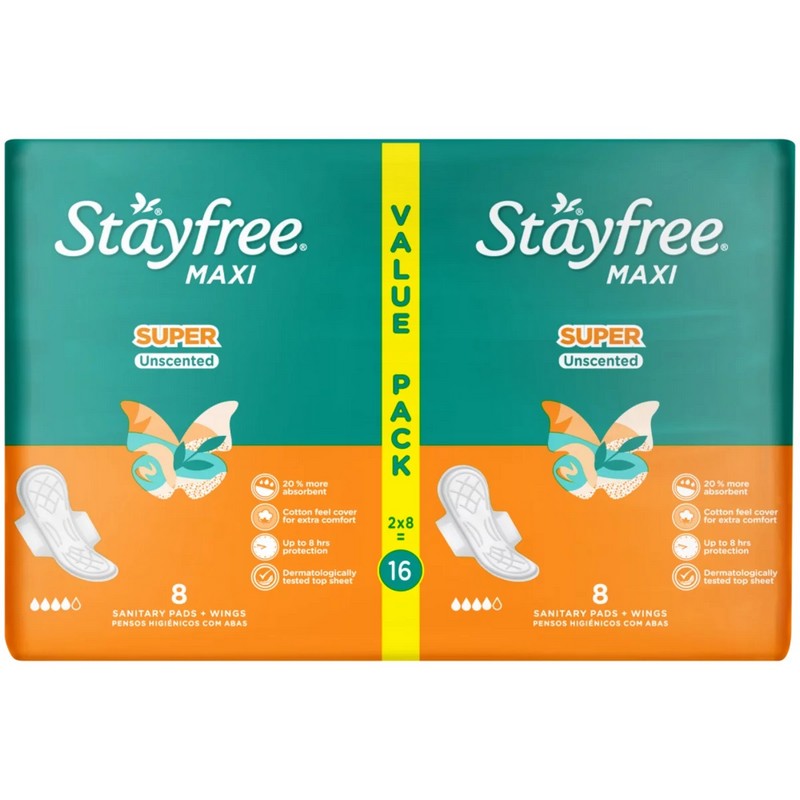 Stayfree Maxi Super Wings Unscented 16s